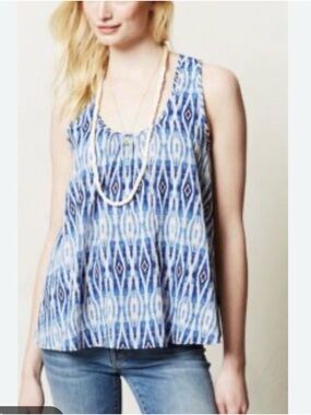 Anthropologie Blue White Ikat Sleeveless Tank Top Size XL